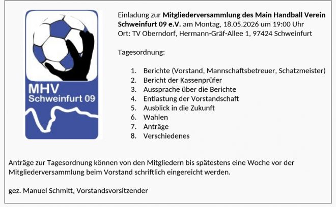 Main-Handball-Verein Schweinfurt 09 e.V. lädt zur Mitgliederversammlung ein